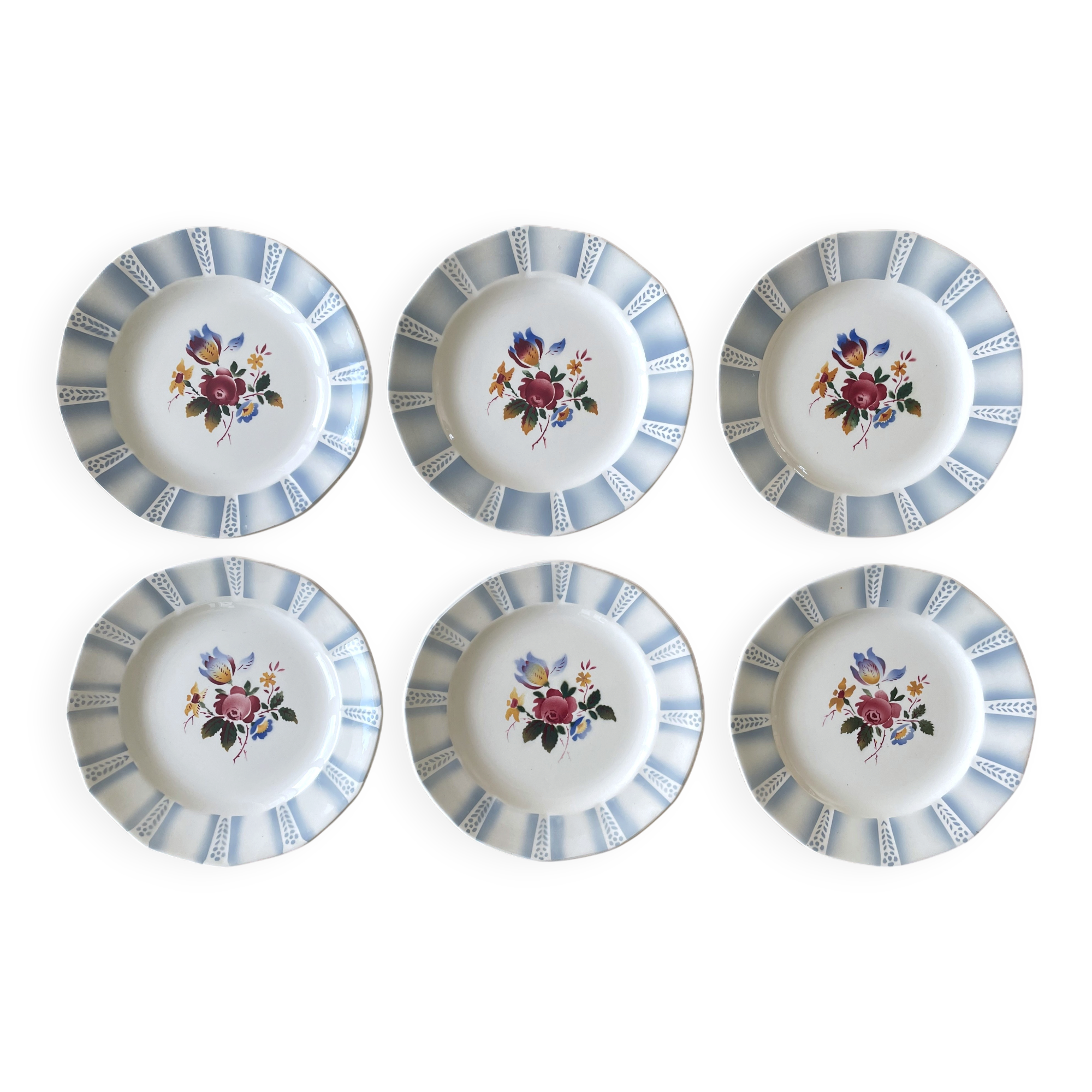 6 large flat antique plates in Sarreguemines earthenware