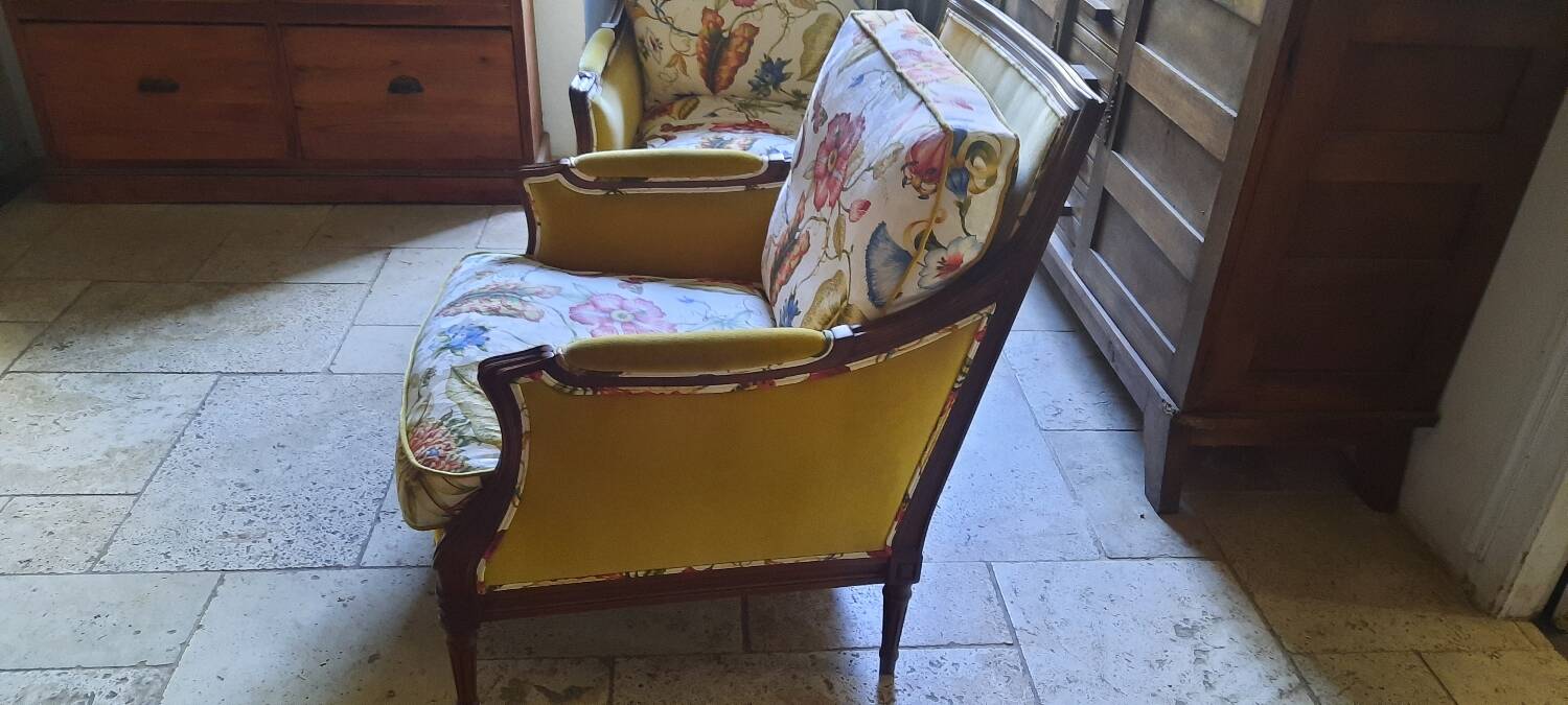 Pair of Louis XVI style bergère armchairs