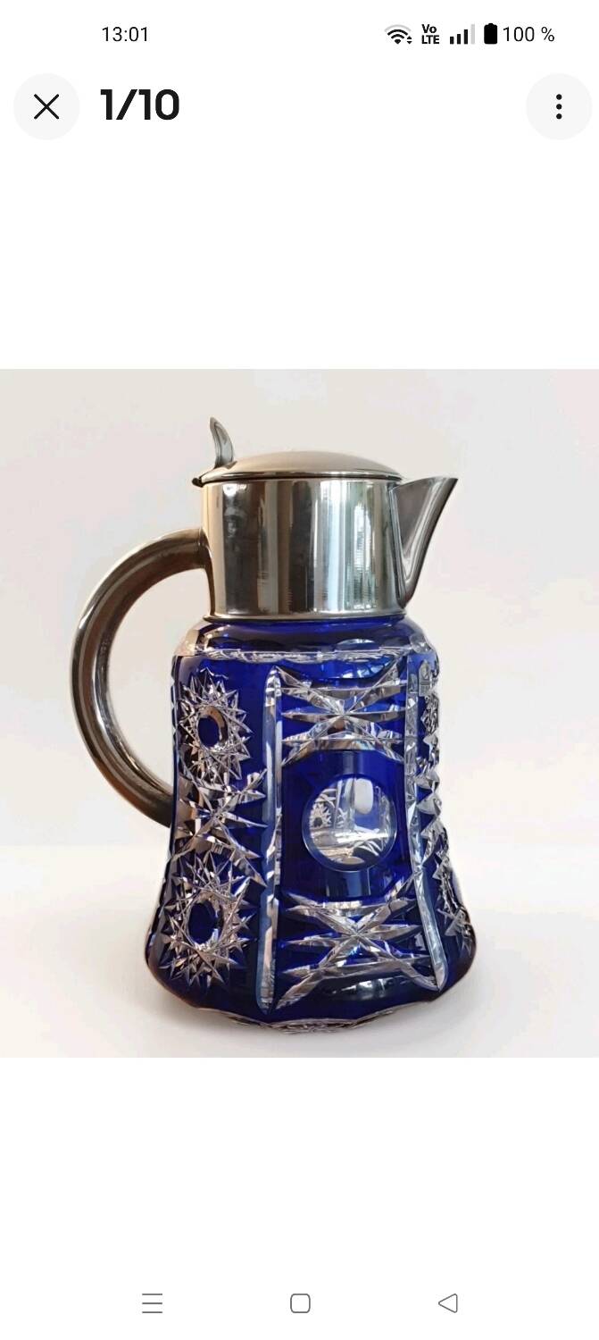 Superb orangeade jug in cobalt blue cut bohemian crystal