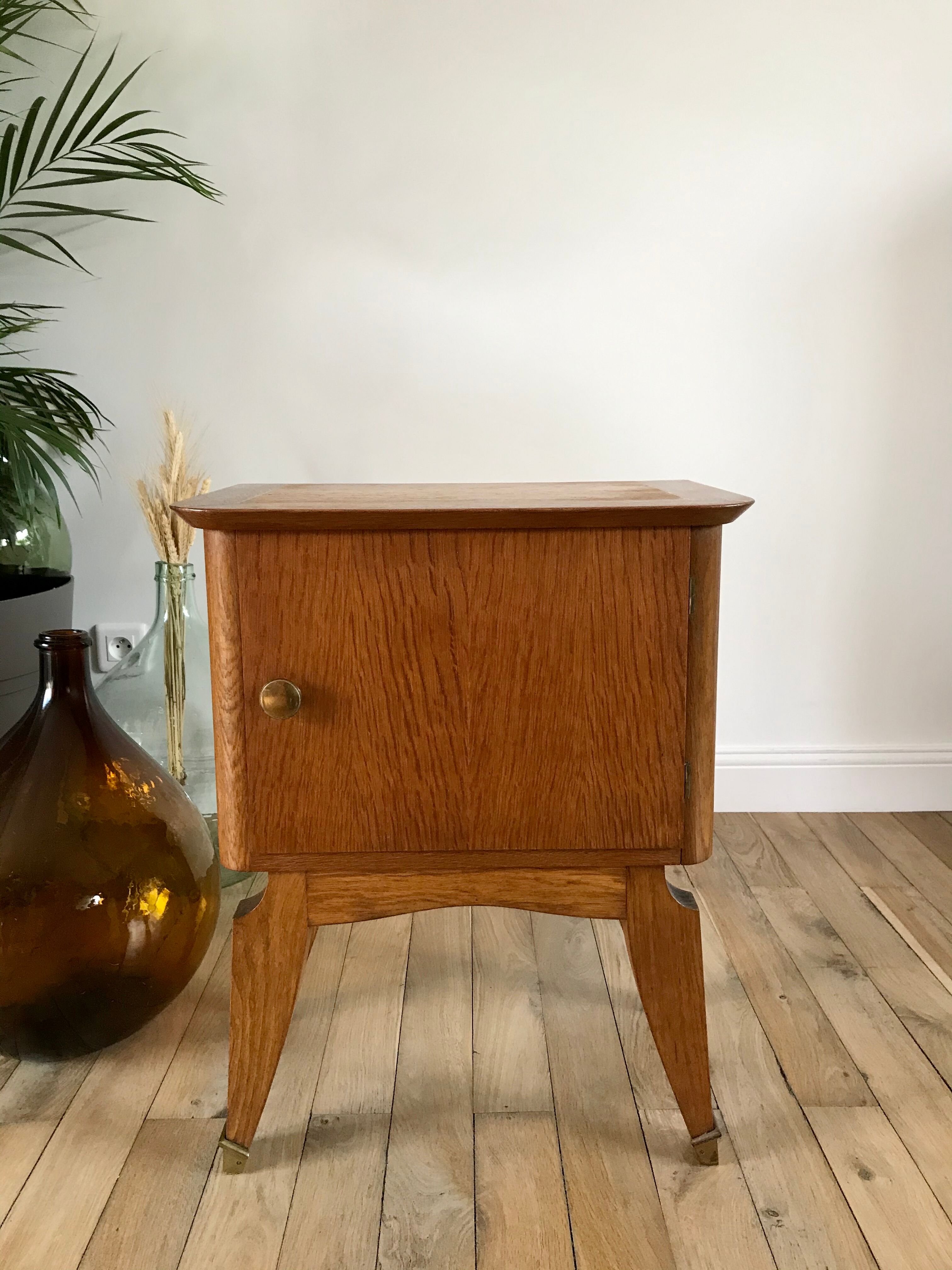 Bedside table in oak and brass 50s