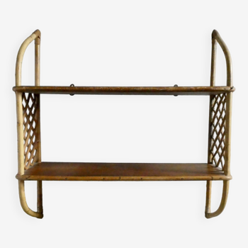 Wall shelf in wood and rattan from the 70s