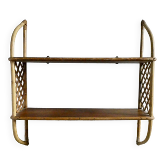 Wall shelf in wood and rattan from the 70s