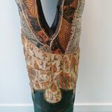 Ethnic wall mask carved wood and printed fabric – 101 cm