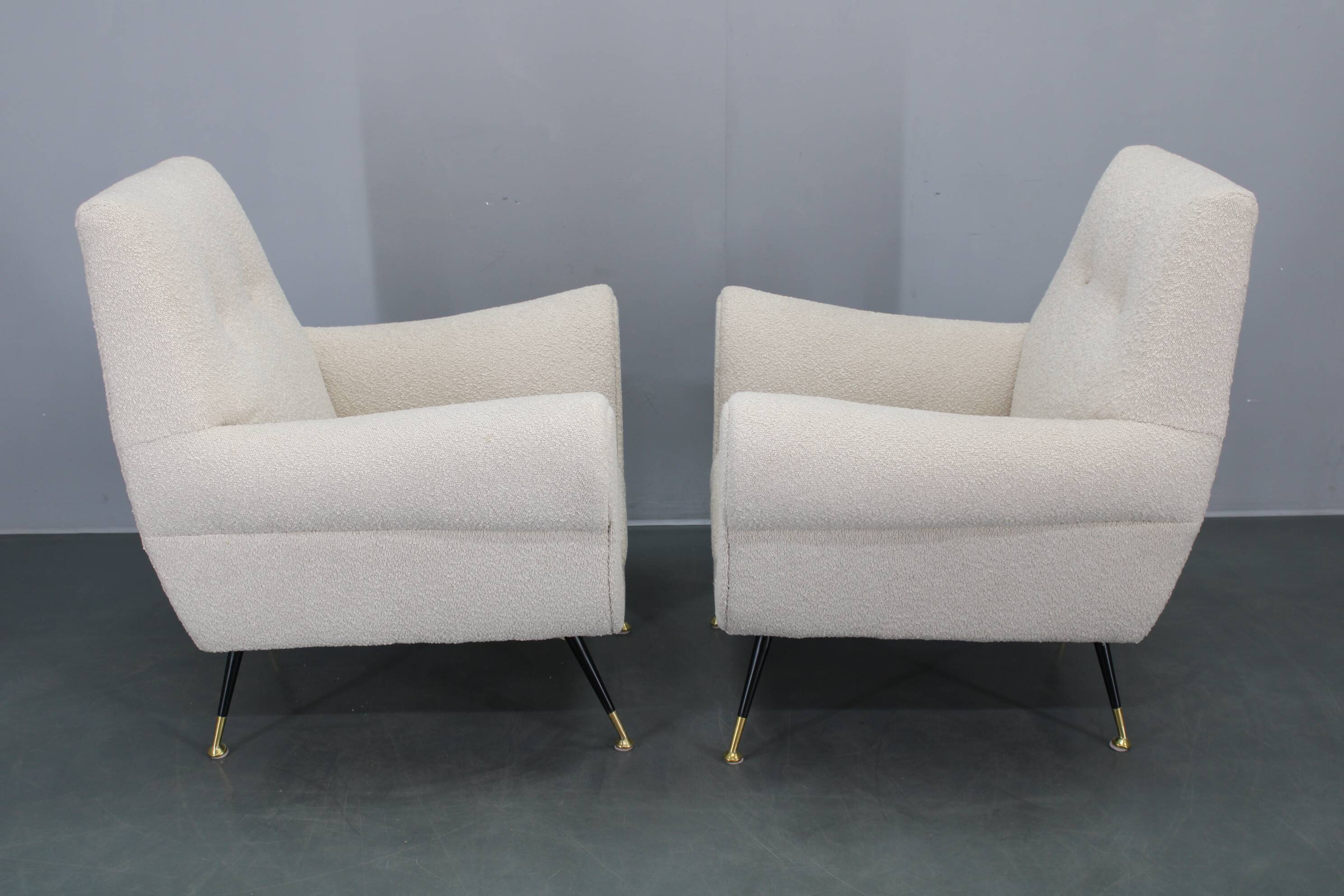Pair of Italian mid-century boucle armchairs, iron & brass legs, 1950s