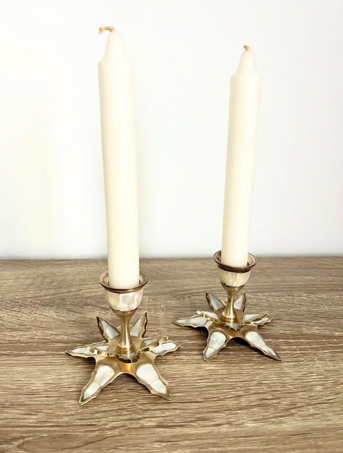 Pair of vintage brass and mother-of-pearl candle holders