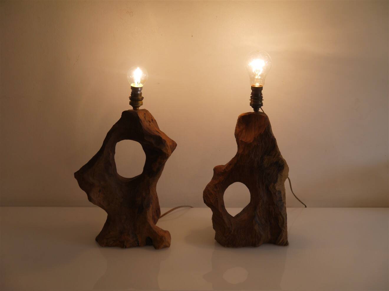 Brutalist pair of wooden lamps from the 1960s.