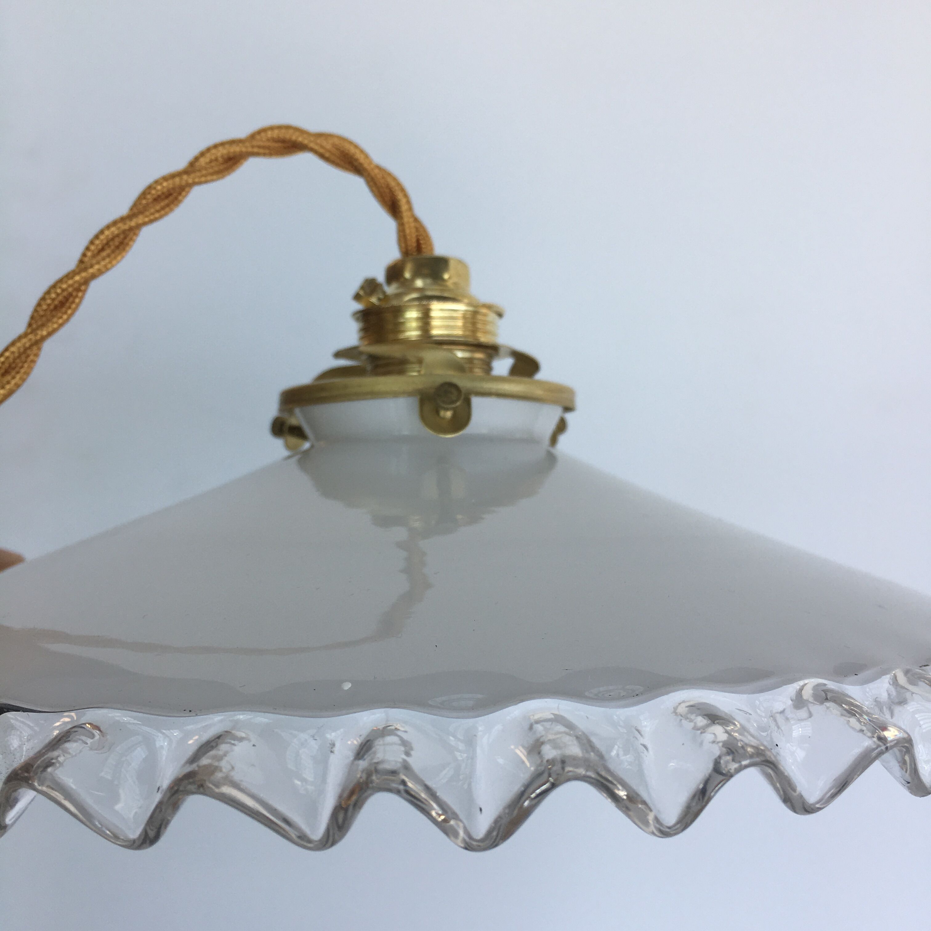 Pair of white opaline and toothed edges hanging lamps