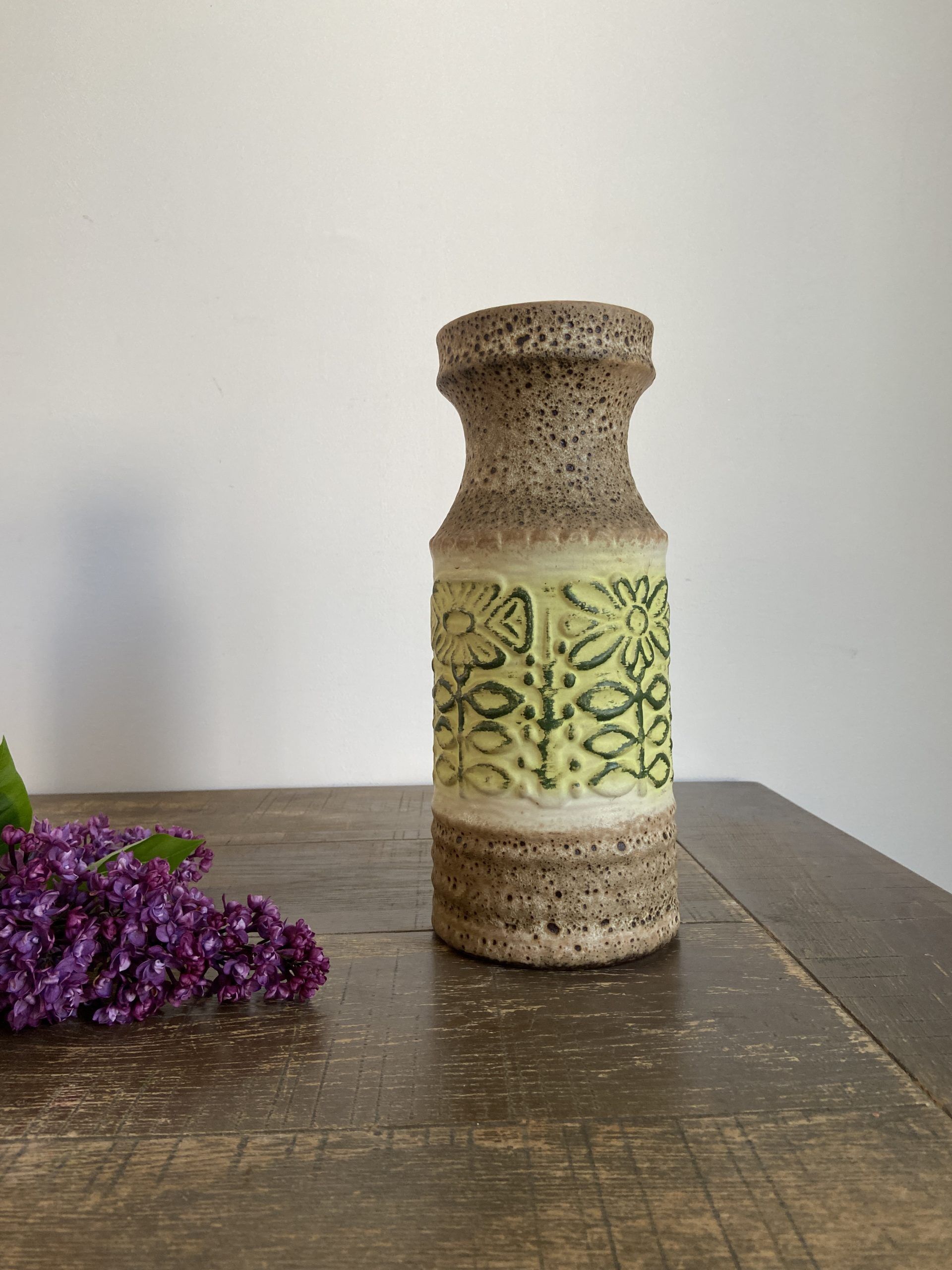 Fat lava style vase and flowers in relief west germany
