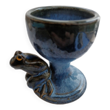 Enamelled pottery eggcup with frog