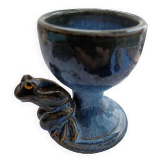 Enamelled pottery eggcup with frog