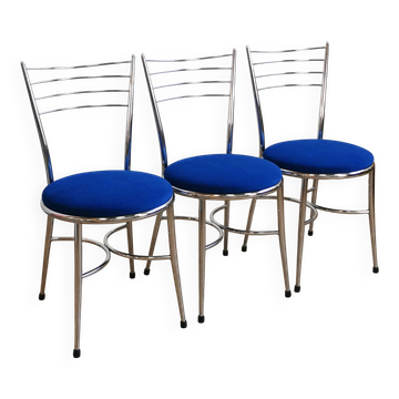 Set of 3 chrome and cobalt chairs.