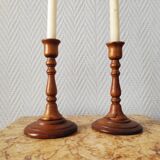 Pair of vintage turned wooden candlesticks