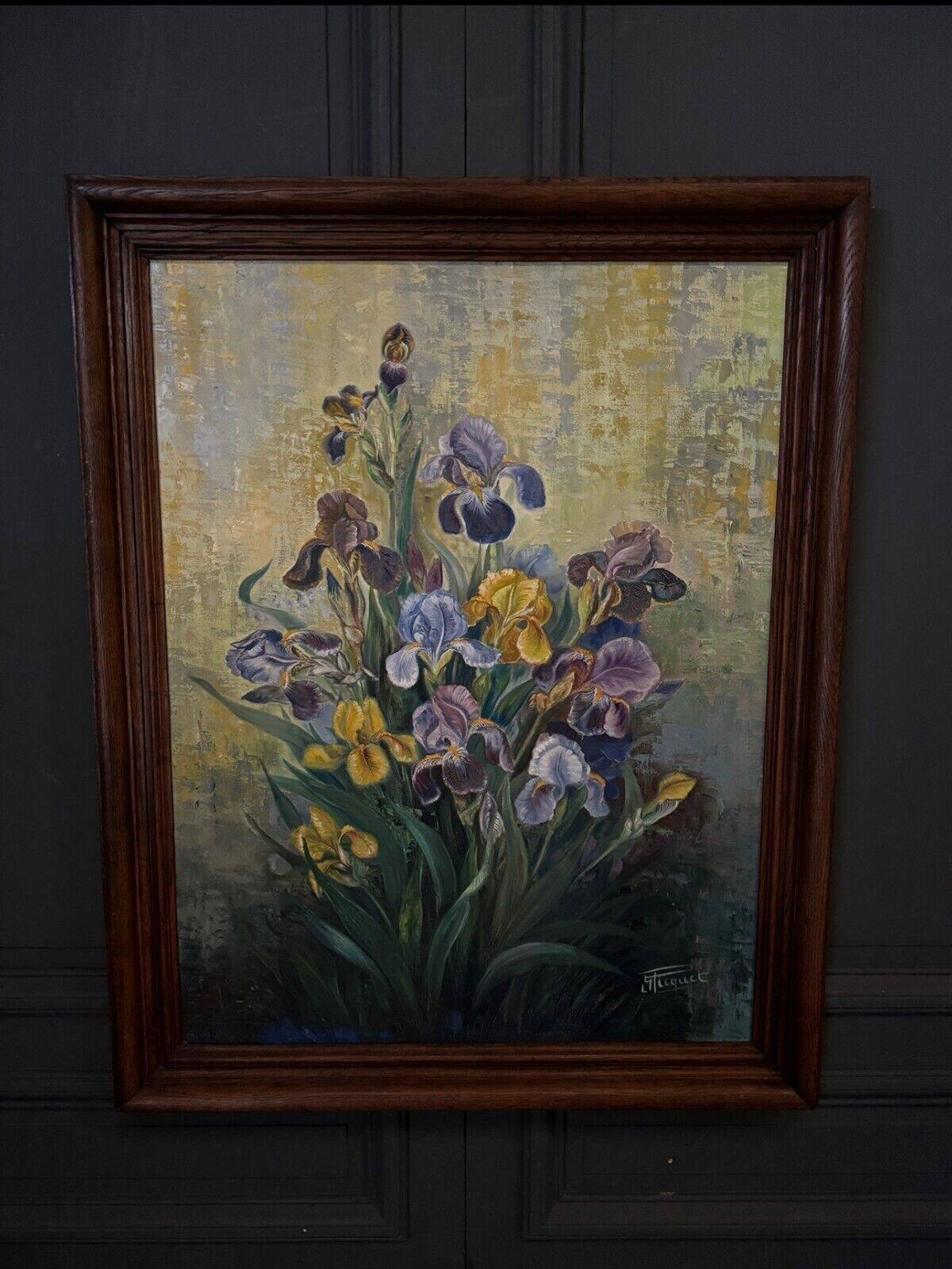 Huile sur toile par Picquet nature morte bouquet d'iris XXe
