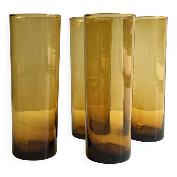 Service de 4 verres à eau, orangeade marron fumé ambré, France 1970