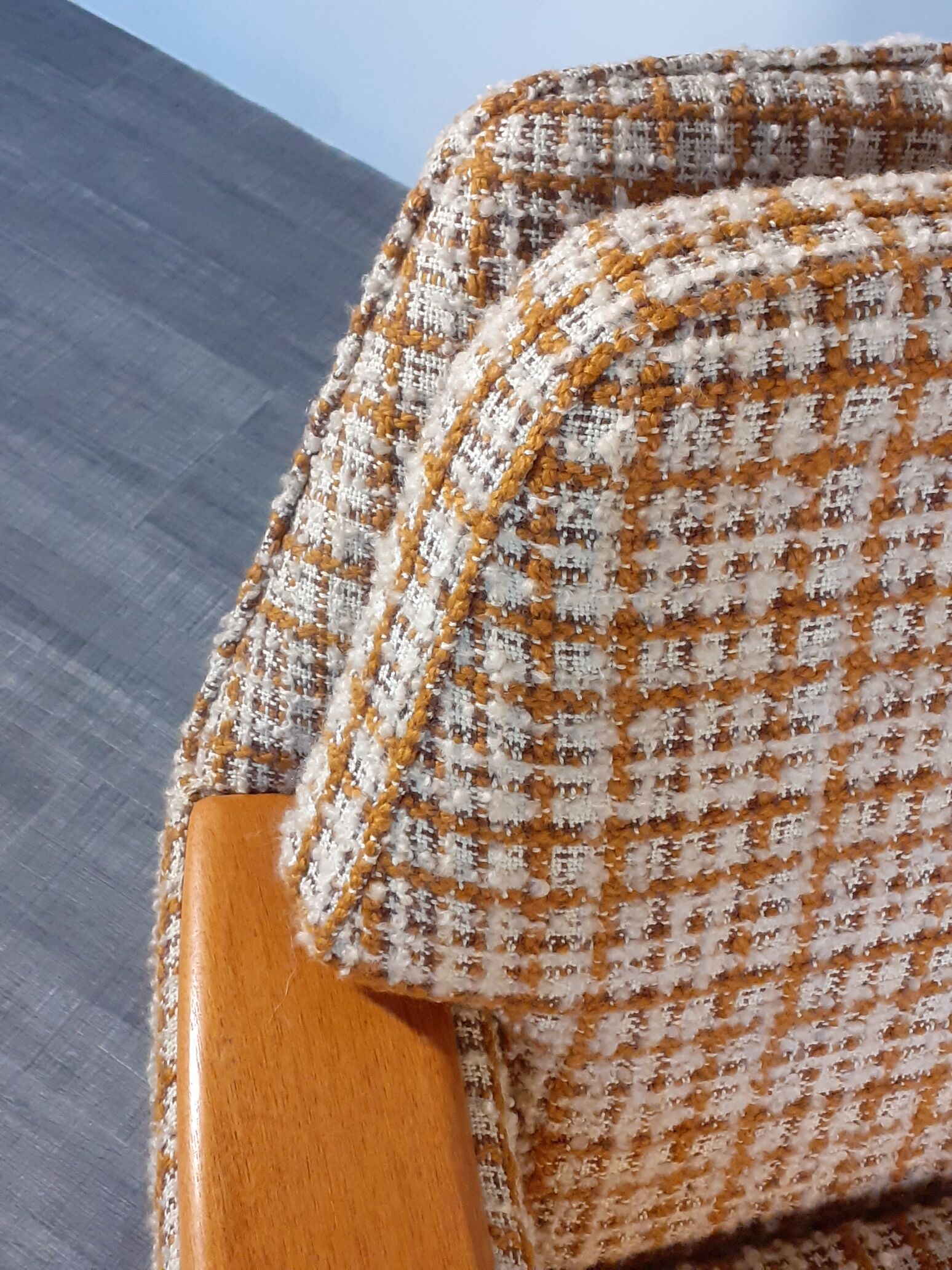 2-seater sofa in teck and beige wool, vintage scandinavian 1960s