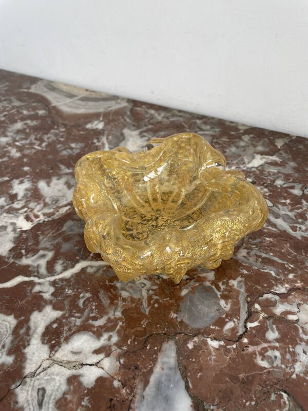 Vide poche, Murano, Archimède Seguso, jaune, or, bullé, formant fleur stylisé, verre soufflé, Italie