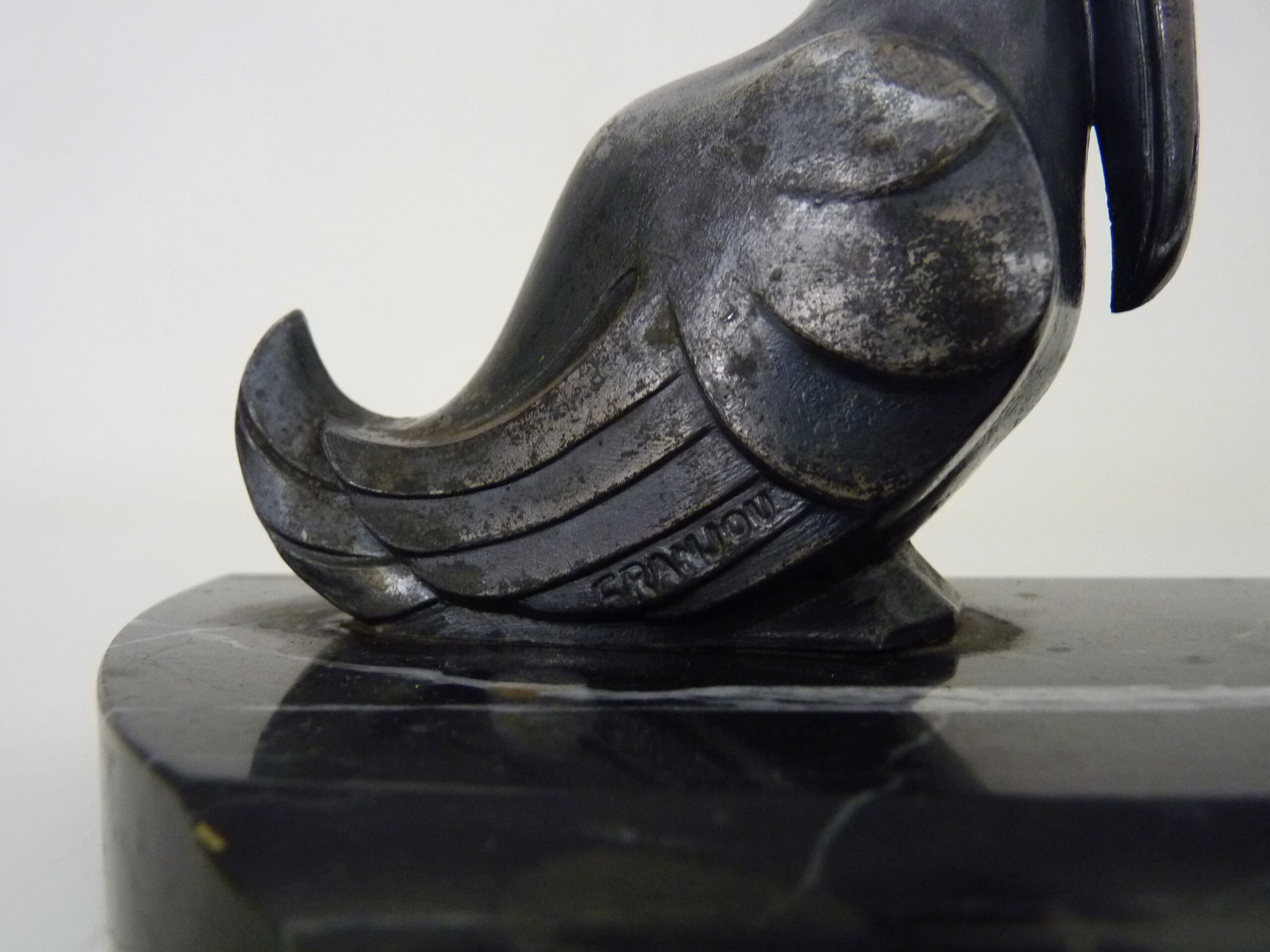 Regulated inkwell and marble signed Franjou pelican art deco
