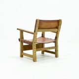 Brutalist Armchair in Pine and Cognac Leather 1960s