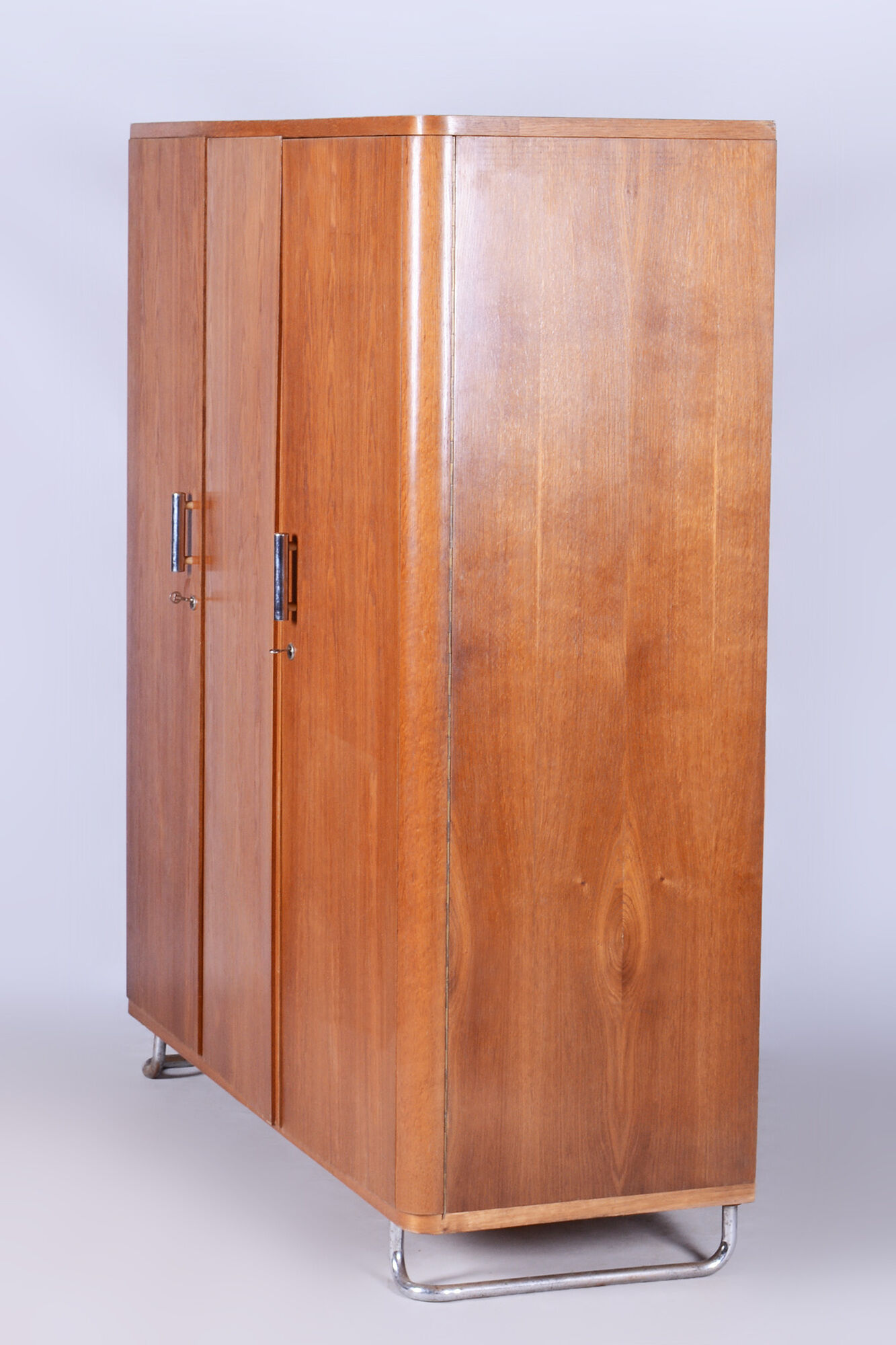 Restored oak bauhaus wardrobe, chrome-plated steel, czechia, 1930s