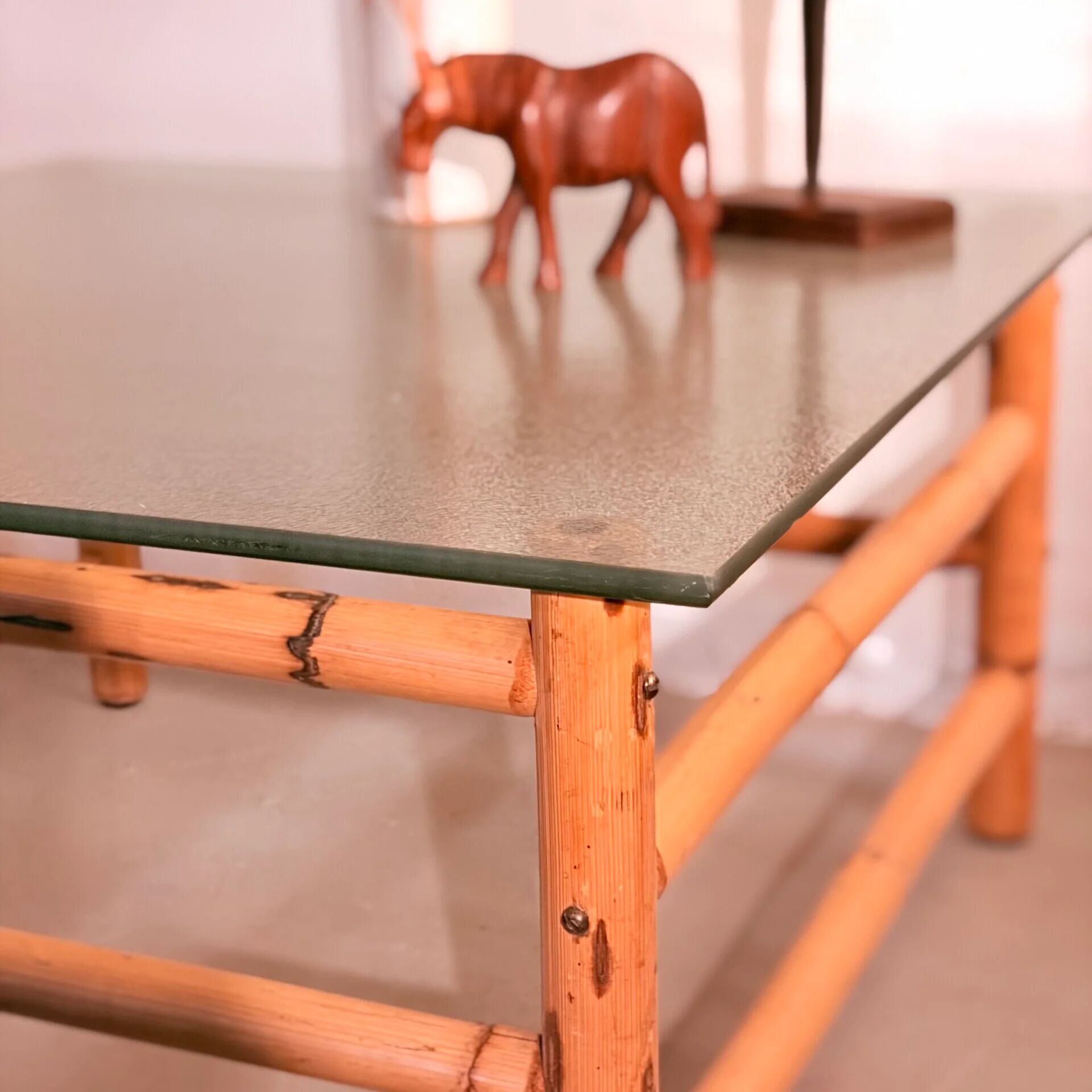 Vintage bamboo coffee table with glass top, 1970s, Brazil
