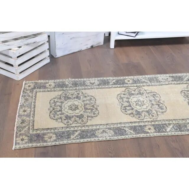 Vintage Turkish Oushak Handmade Wool Cotton Beige Runner 74x285