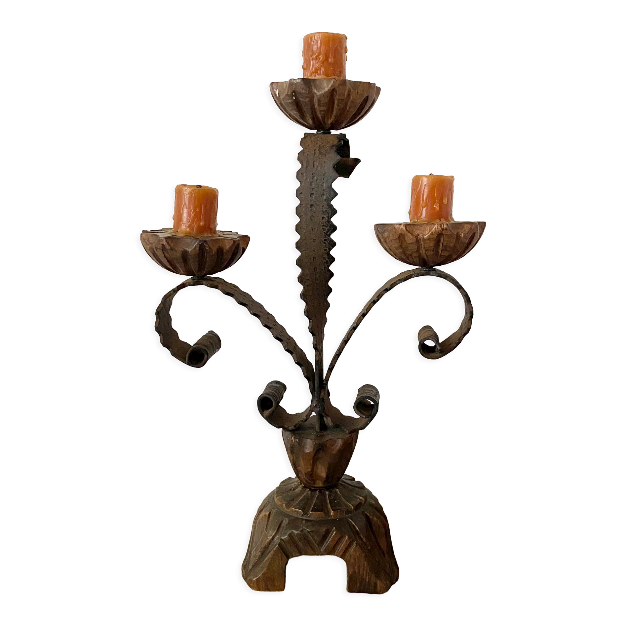Vintage wooden and wrought iron chandelier