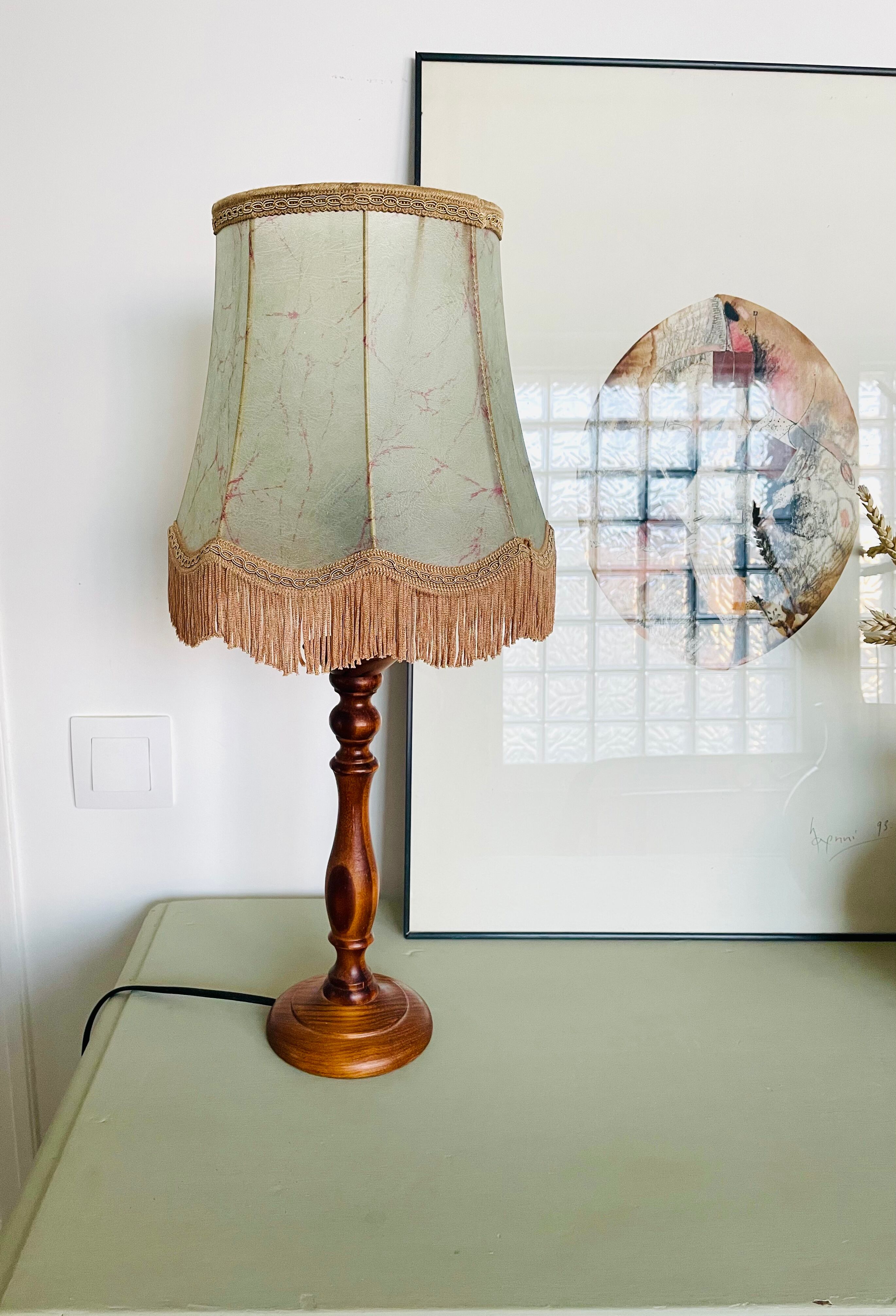 Vintage table lamp foot wood turned lampshade fringes
