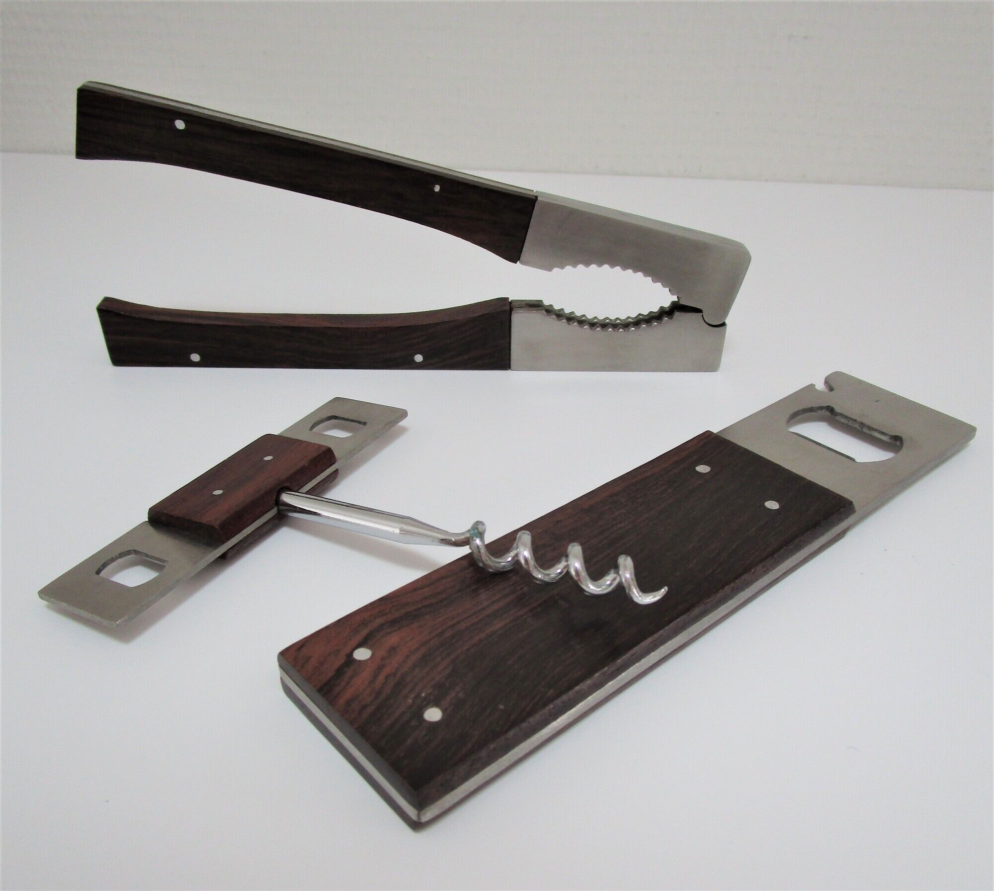 set rosewood stainless steel nutcracker corkscrew bottle opener design 70s Letang Remy