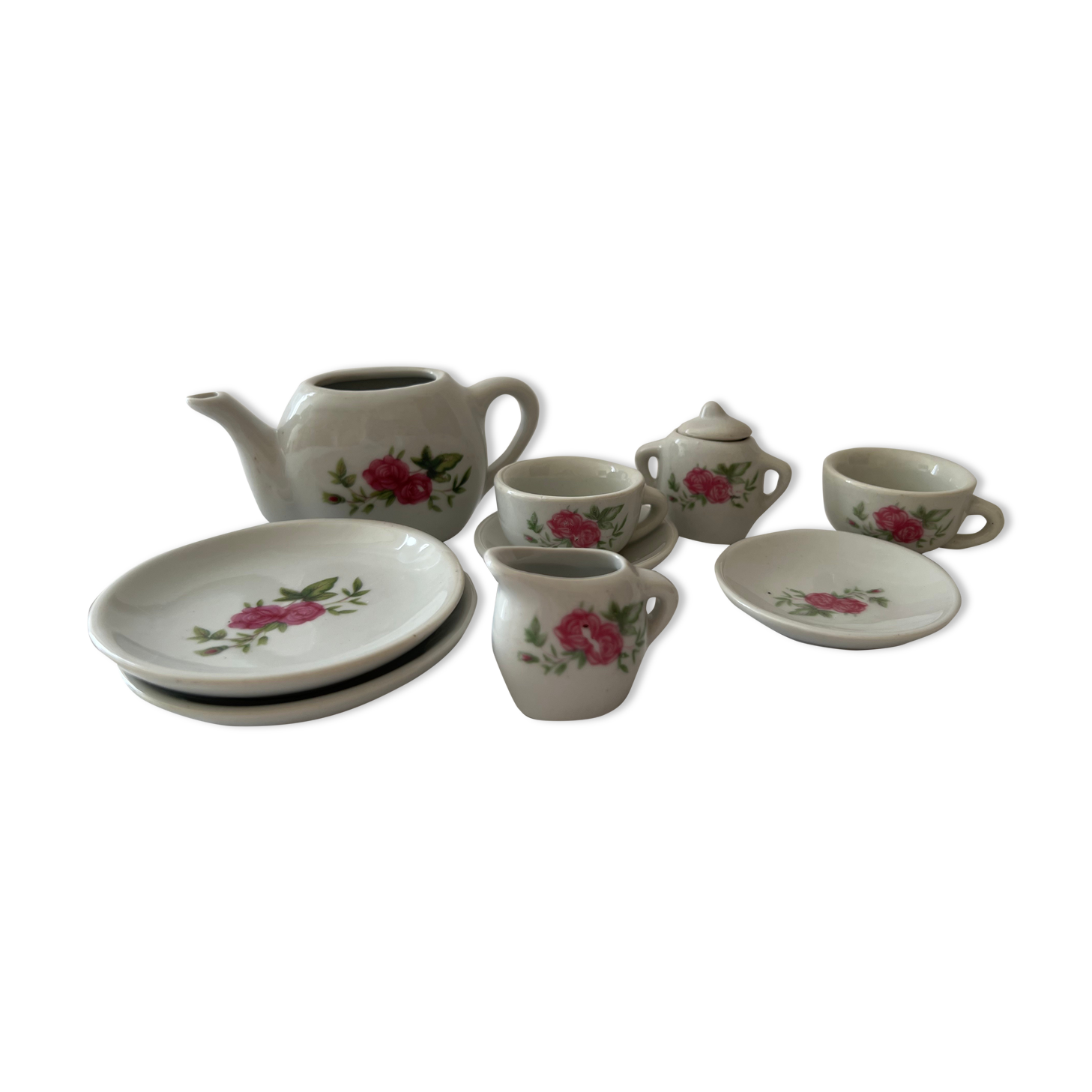 Miniature tea set with pink flowers for children