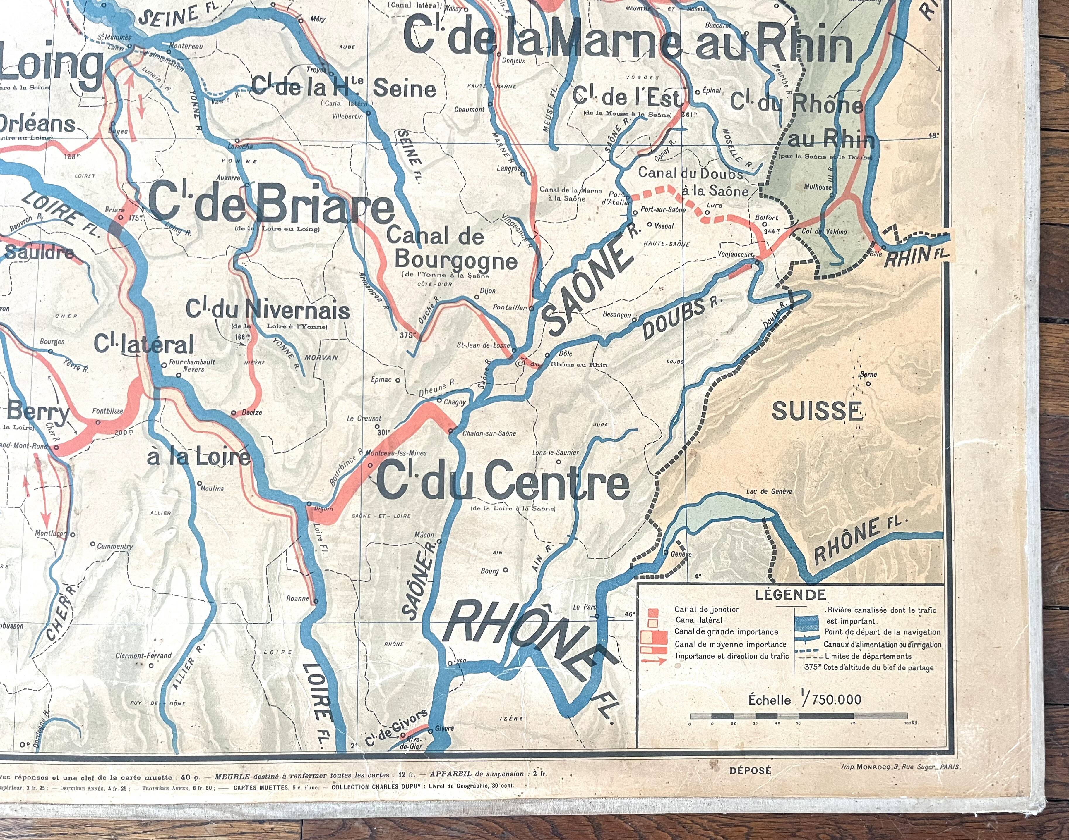 Old school map Vidal Lablache 6, Mézières, T36, 1910 France Canals