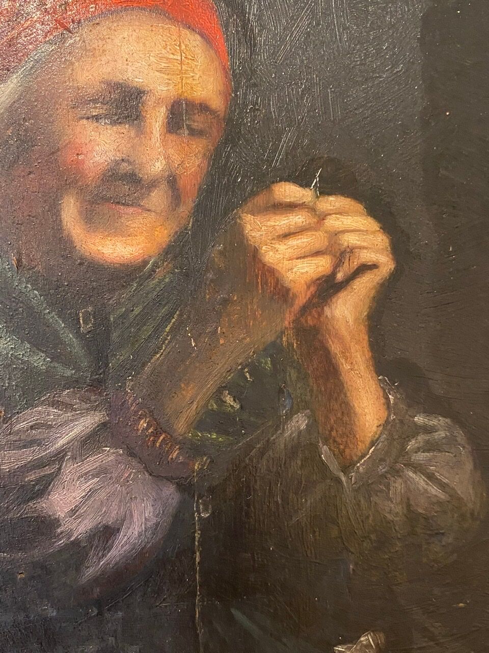 Old painting, the seamstress, signed L Cambedouzou and dated 1904