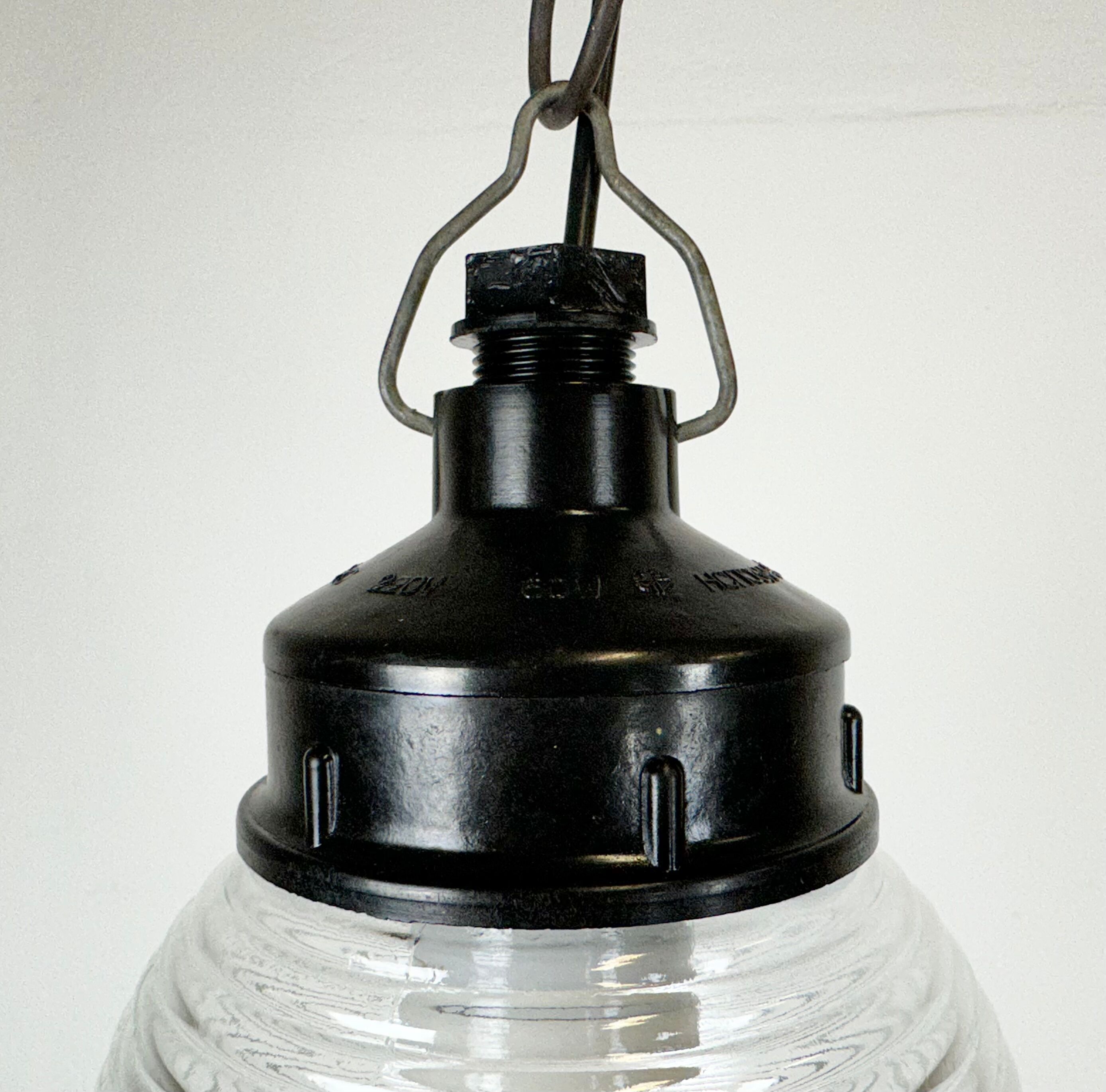 Industrial bakelite pendant light with ribbed glass, 1970s