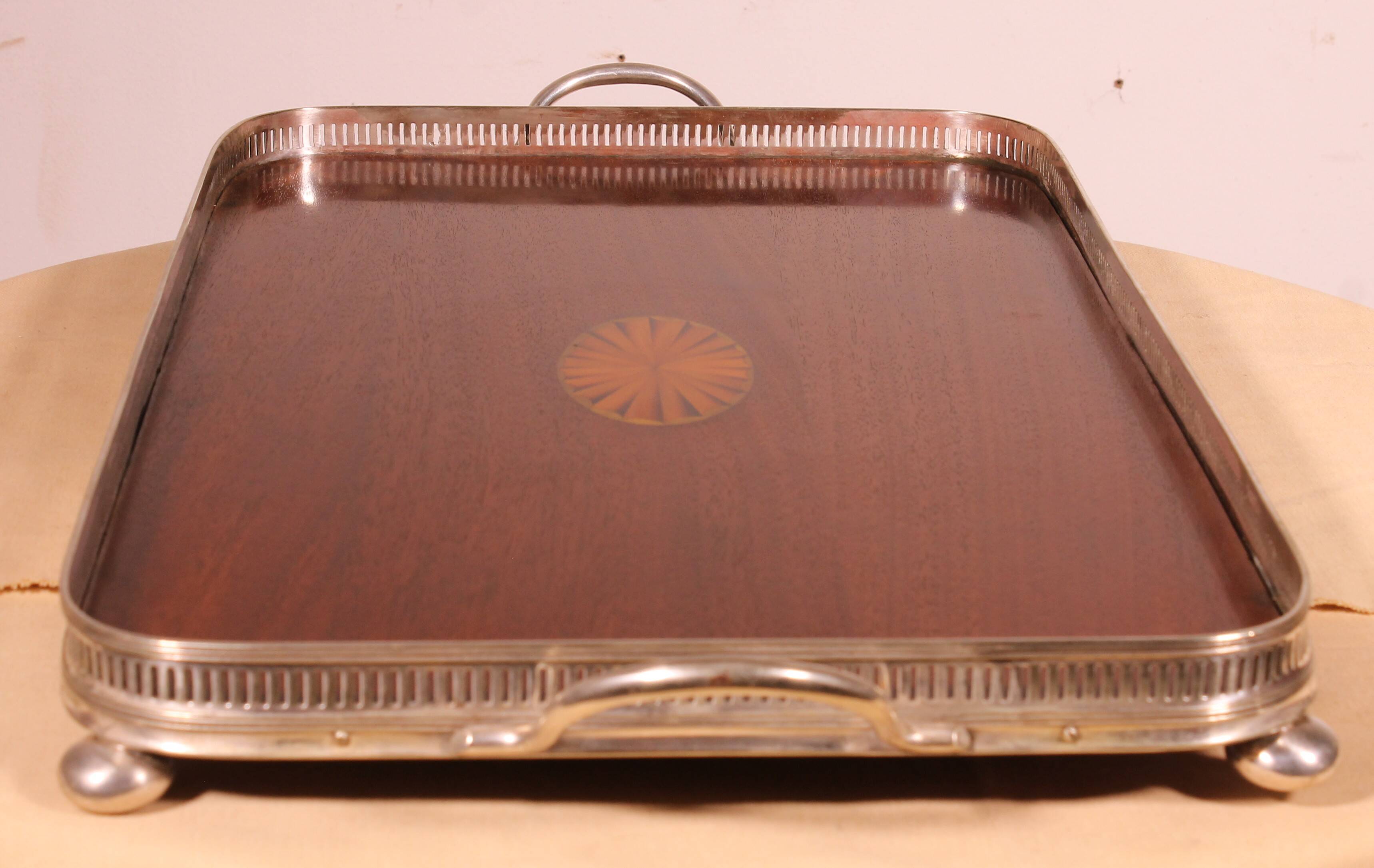 19th century silver-plated metal and mahogany tray