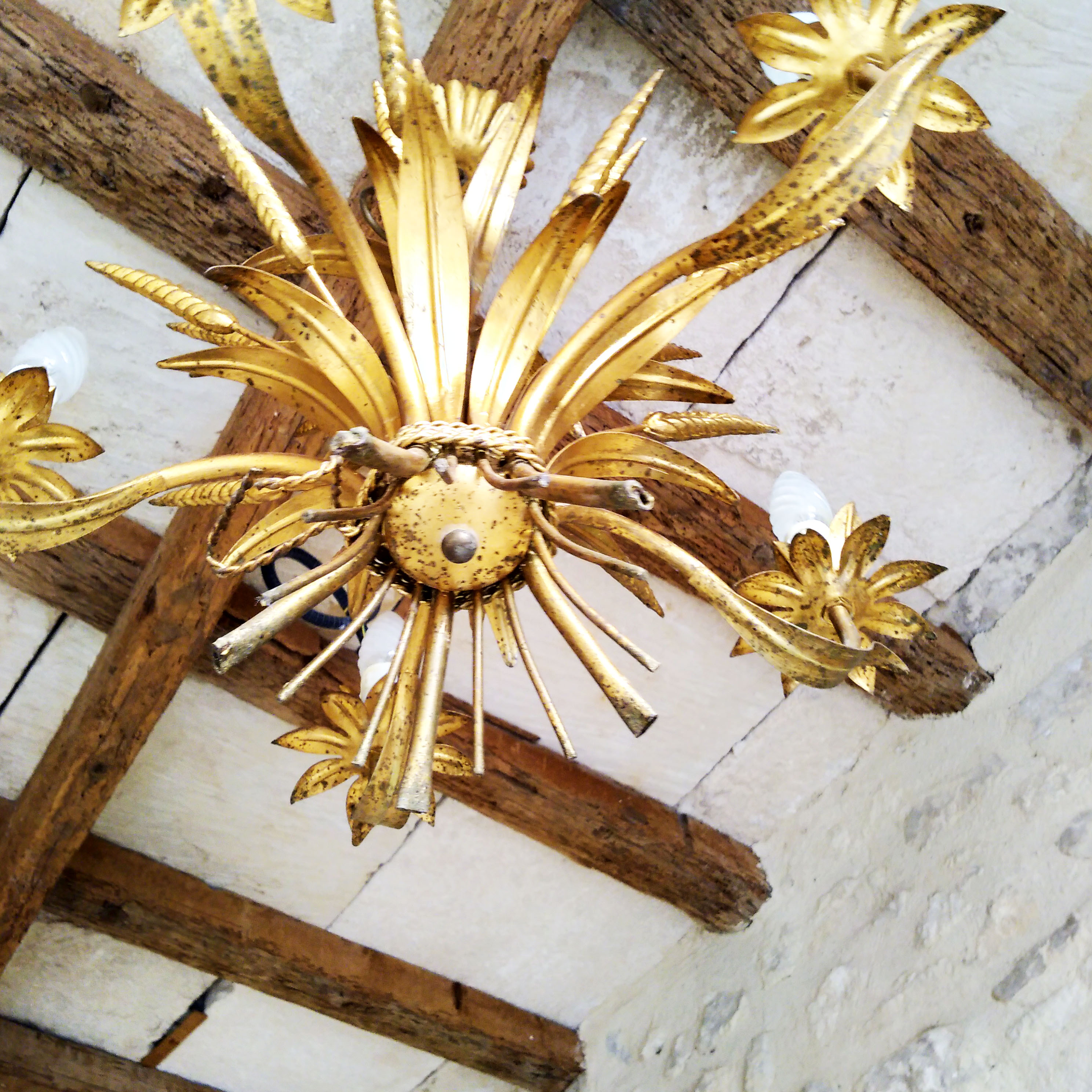 Golden metal wheat epis chandelier 1970