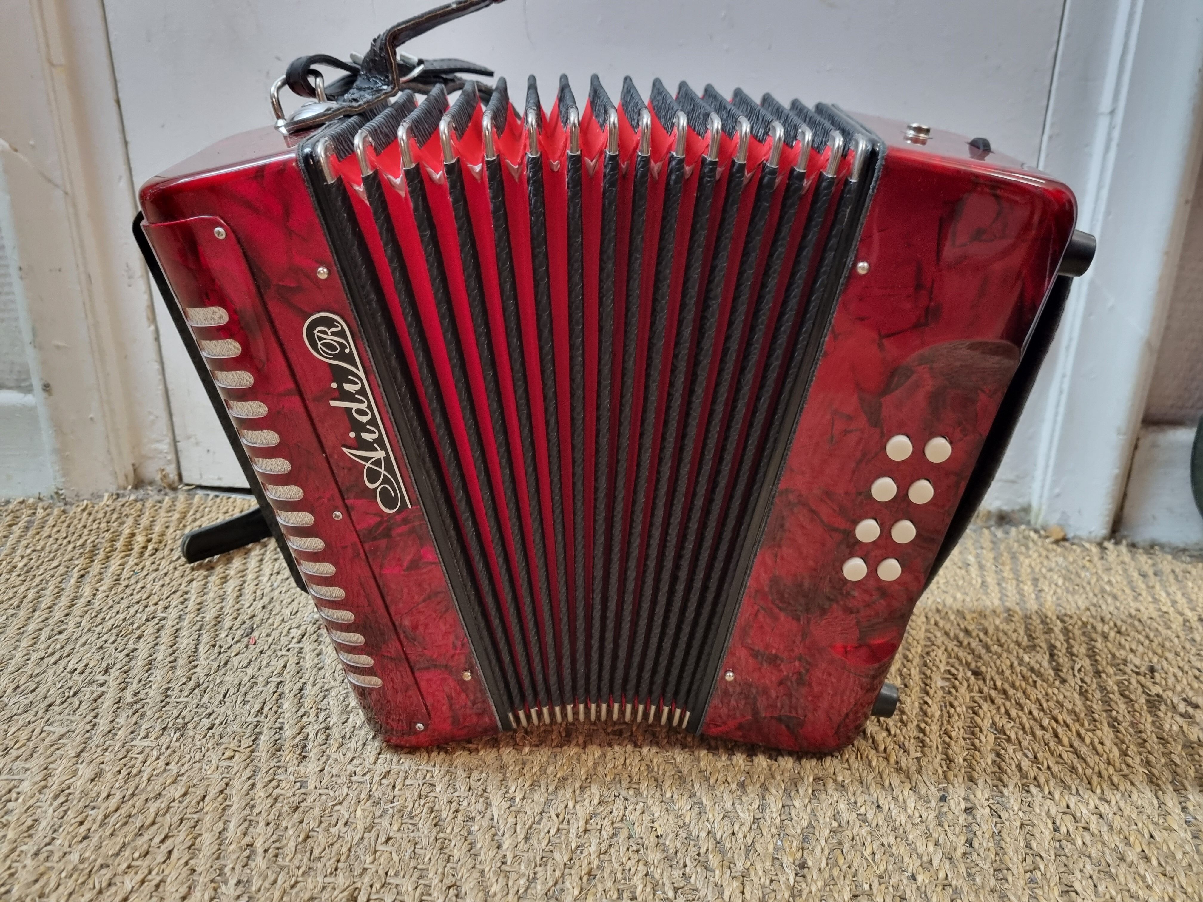 Red Aidi R accordion in his suitcase