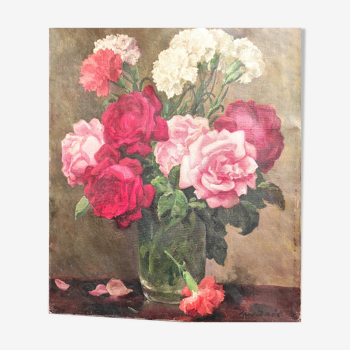 Painting Old bouquet of roses and carnations 1900
