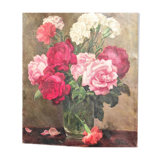 Tableau ancien bouquet de roses et oeillets 1900