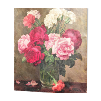 Painting Old bouquet of roses and carnations 1900