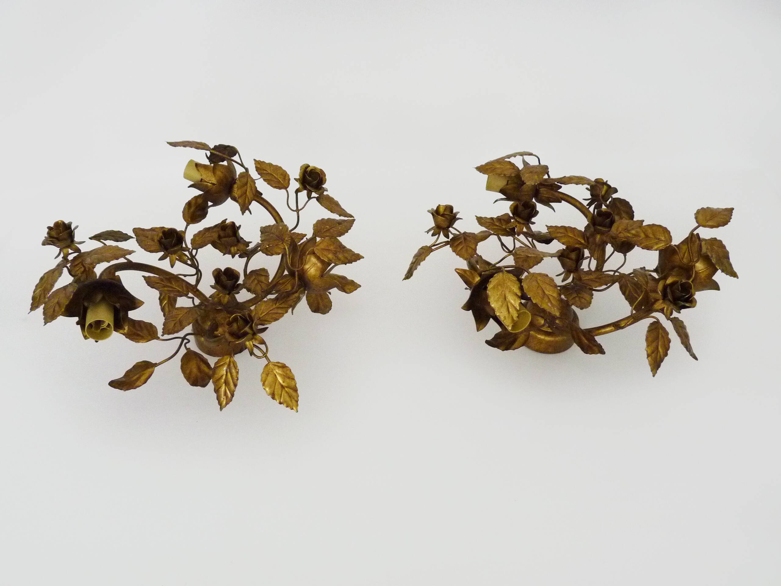 Pair of 3-light gold leaf and flower wall lights, Italy, 1970s-80s