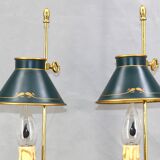 Pair of Empire style bouillotte lamps with bronze conical lampshade Lucien Gau