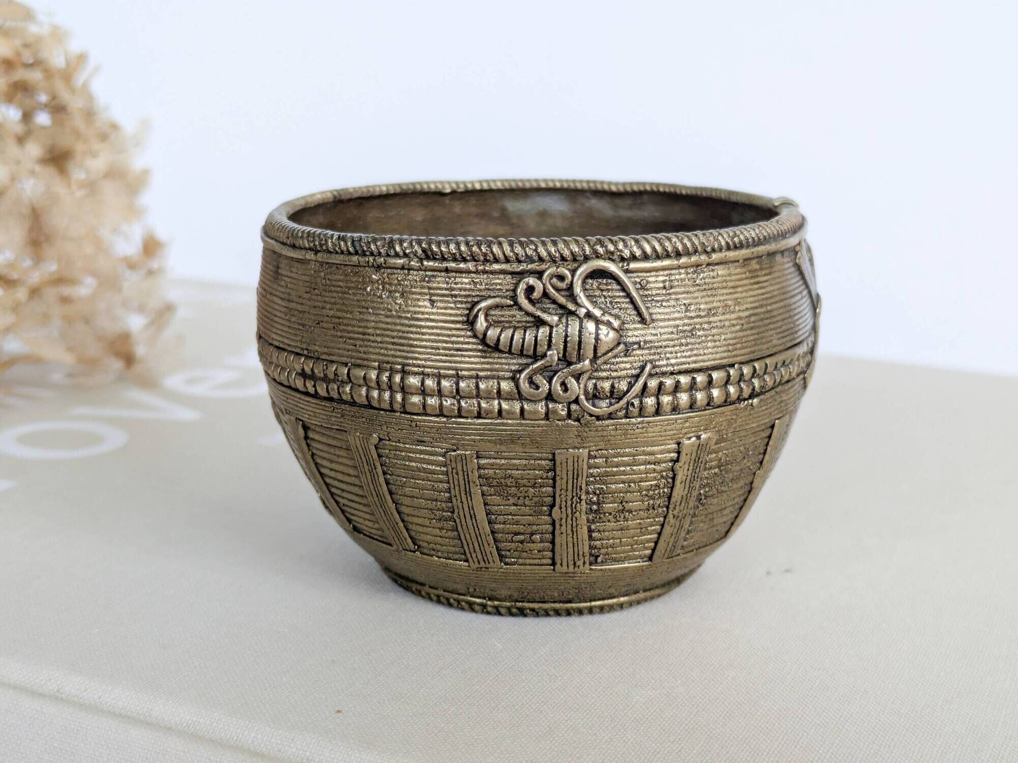 Vintage Brass Bowl Fish Scorpion Woven Texture