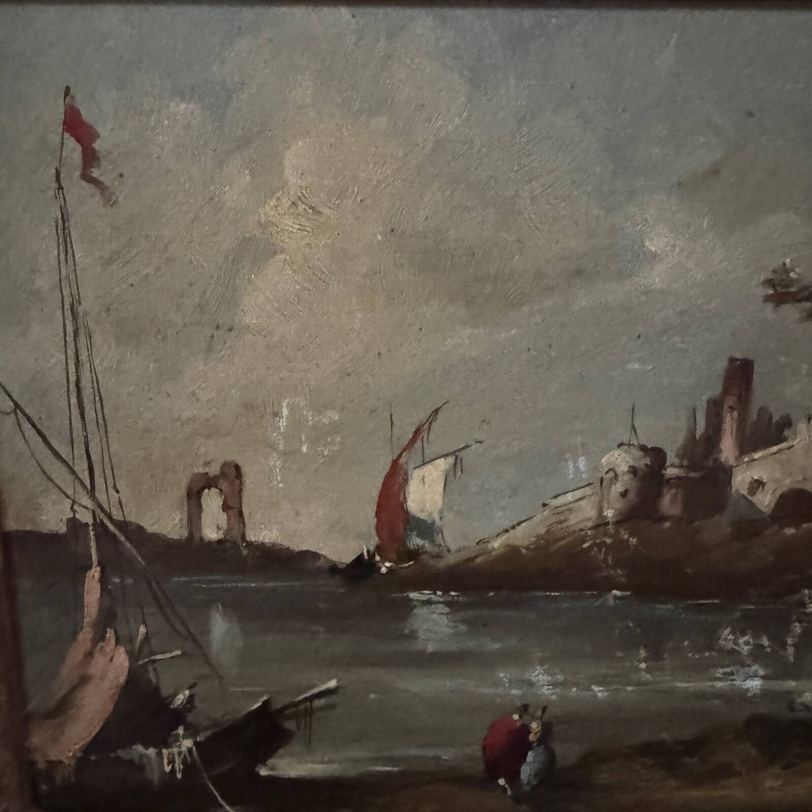 Oil on panel, port scene, late 19th century, gilded frame