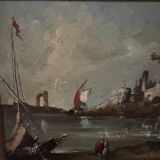 Oil on panel, port scene, late 19th century, gilded frame