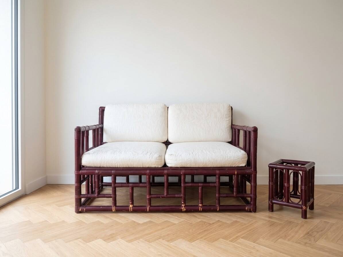 Two-seater sofa set and small lacquered violet rattan table.