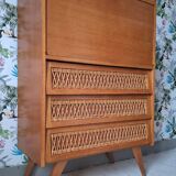 Commode vintage en rotin, secrétaire, meuble bar