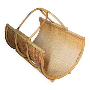 Porte revues panier bûches rotin osier vintage