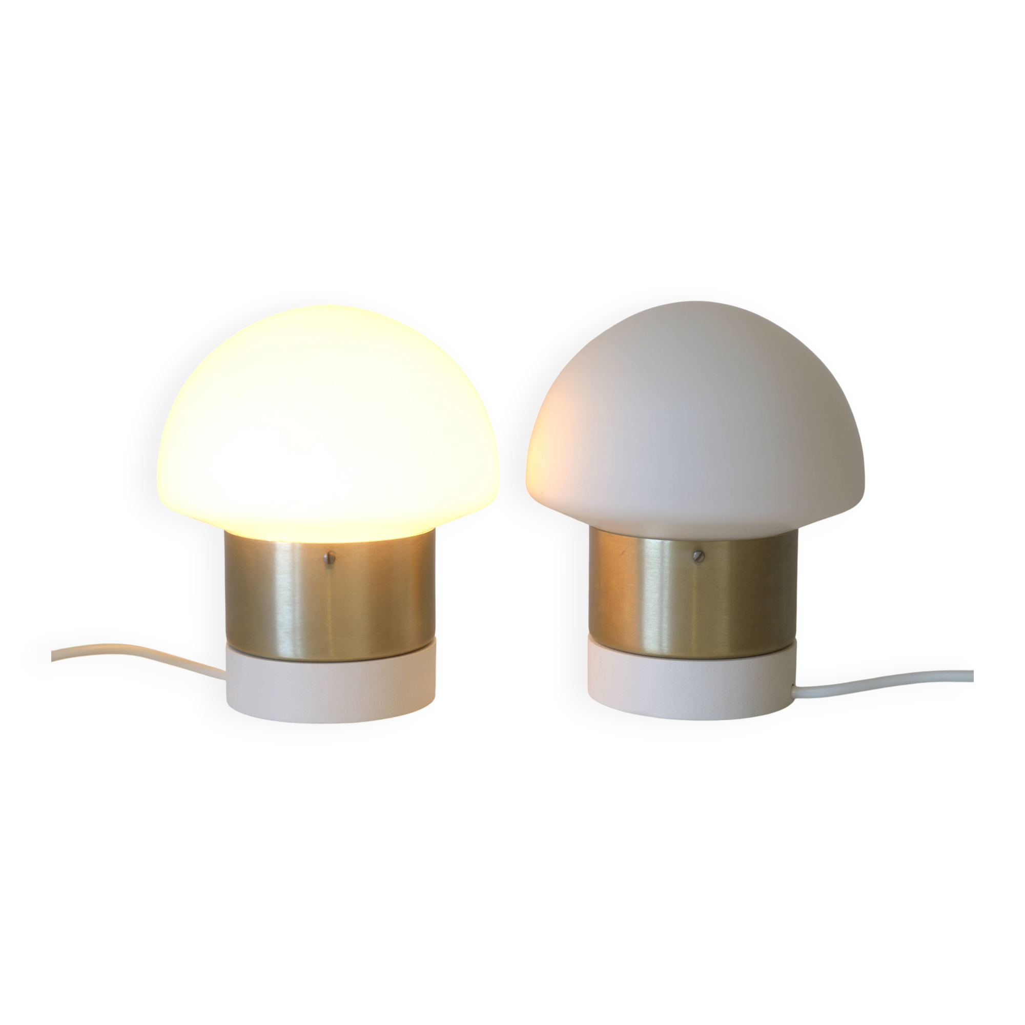 Pair of Mid Century Modern Bedside Lights Mushroom Milk Glass Lamps