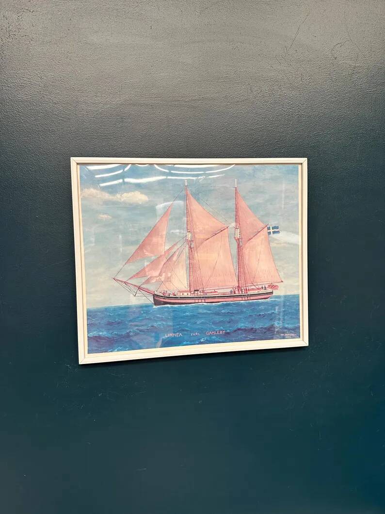 Swedish original print on paper – "Boat at Sea" by Egil Bergström – Signed – vintage and framed – 60.5 × 50.5 cm (23.8 in × 19.8 in)