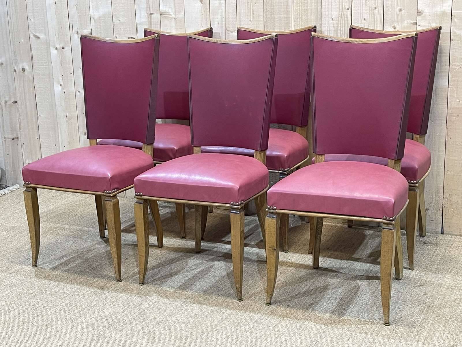 Set of 6 beech chairs with skai in the style of Jules Leleu.
