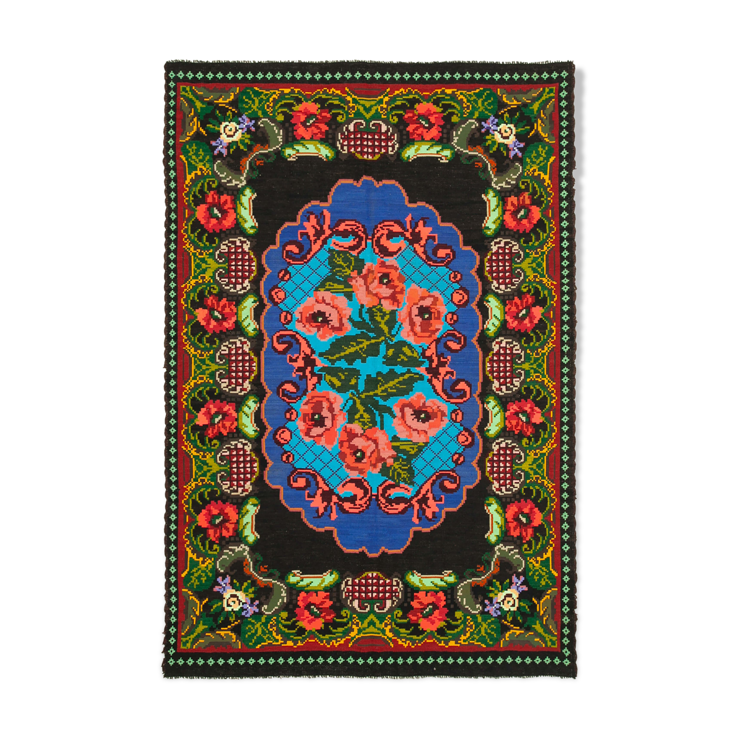 Handmade Vintage Moldovian Black Kilim 200 cm